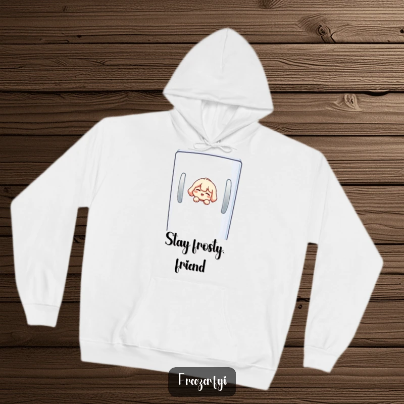 Funny freezer hoodie featuring a small character peeking from a freezer door, giving a mischievous wink.