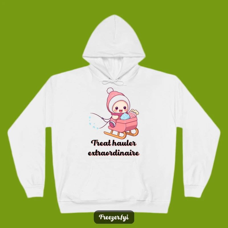 Funny Frosty Treats Hoodie: Character's Sledding Joy - Cozy Snack Gift