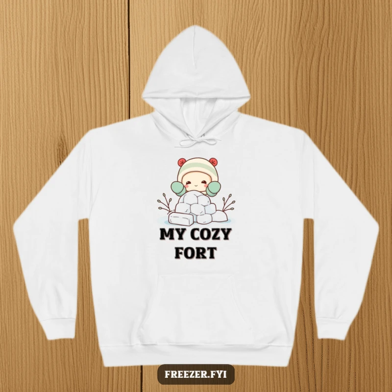 Funny hoodie of a happy character with mittens, building a small igloo out of ice blocks, offering warmth and a touch of winter whimsy.