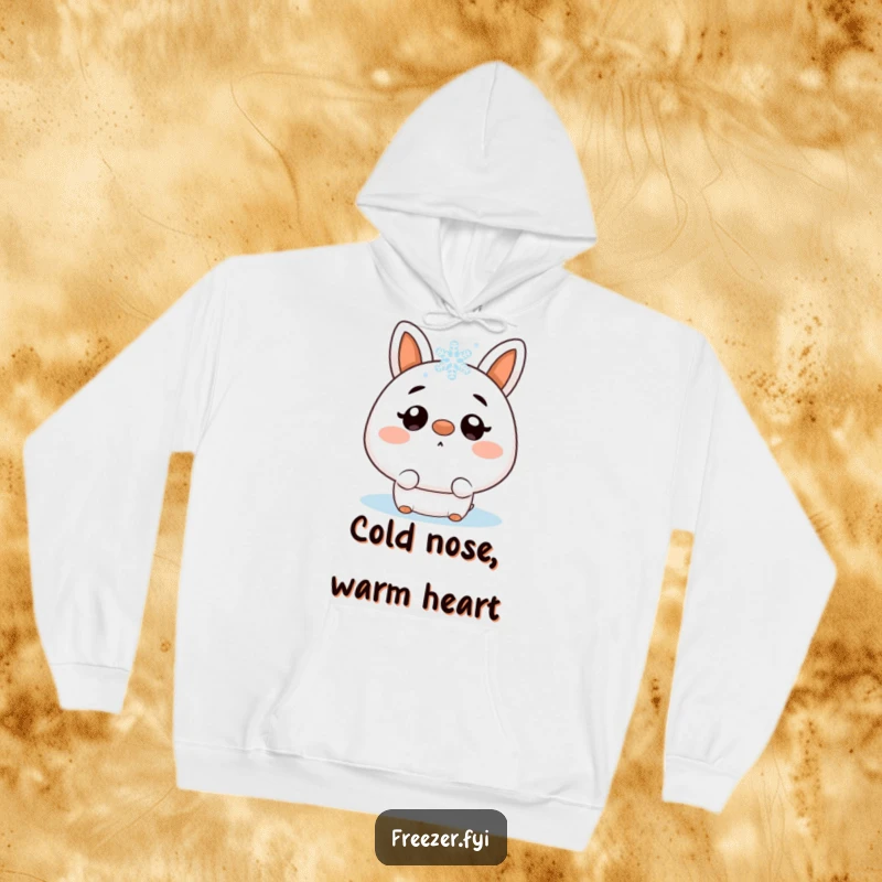 Funny hoodie featuring a character looking surprised, with a single snowflake resting on its nose, embodying winter's gentle humor.