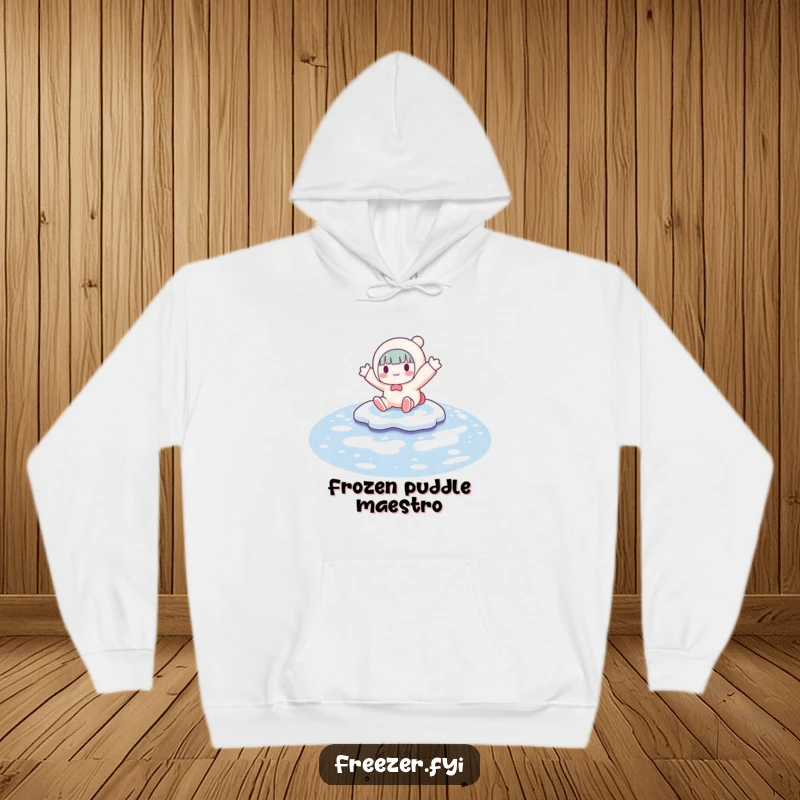 Funny hoodie depicting a character in mid-slide on a frozen puddle, arms wide, radiating pure, unadulterated winter amusement and joy.