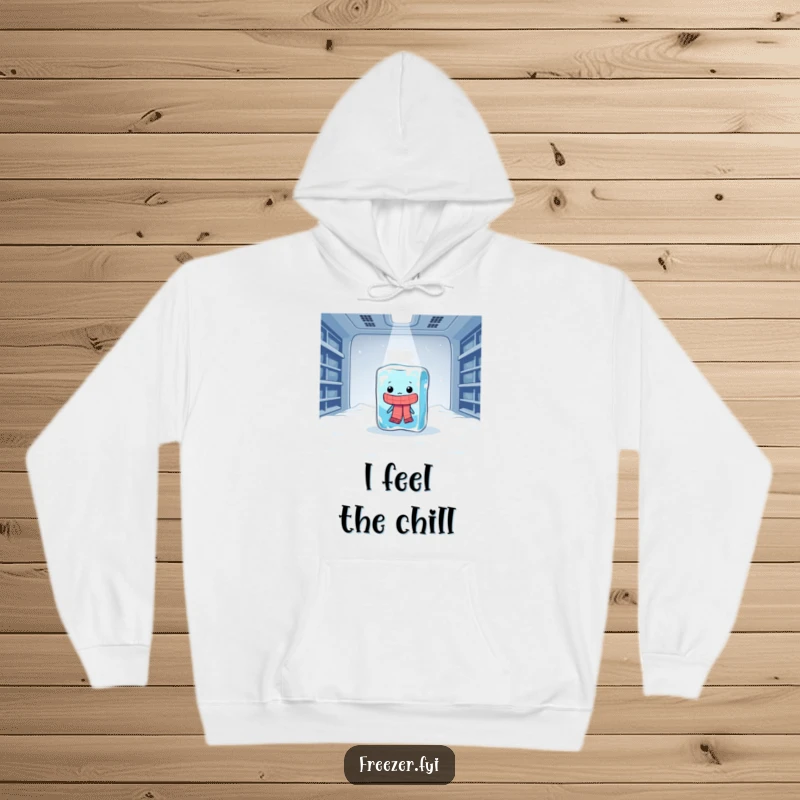Funny hoodie featuring a lonely, scarf-clad ice cube shivering dramatically inside a vast, cold freezer, a humorous wearable.