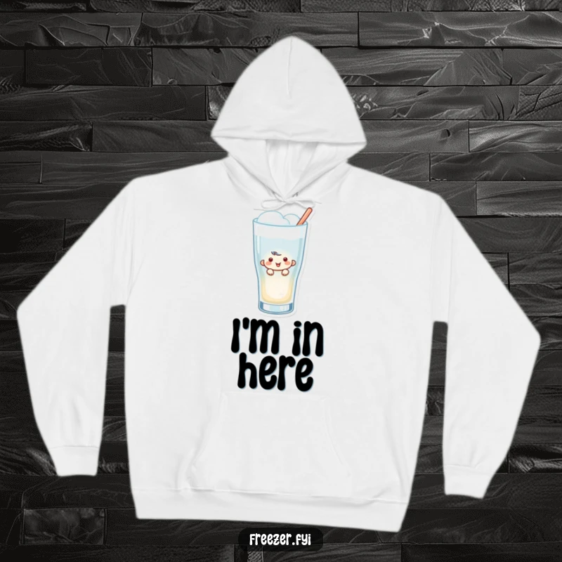 Funny Peeking Hoodie: A warm hoodie displaying a smiling character popping out from a frosty beverage, perfect for cozy amusement.