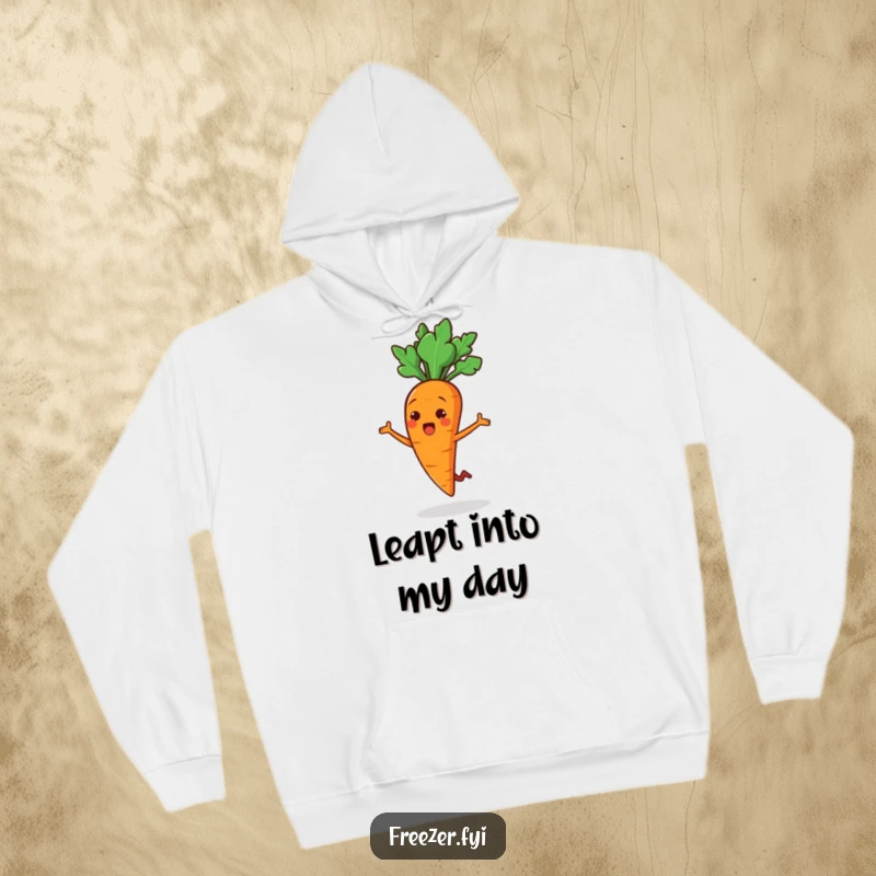 Funny hoodie featuring a cheerful carrot stick character doing a surprised little jump, perfect for cozying up with playful energy.