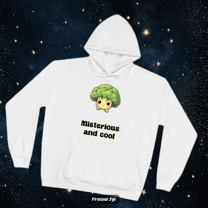 Funny hoodie featuring a cute broccoli floret character peeking out from a frosty fog, providing warmth and a touch of cool mystery.