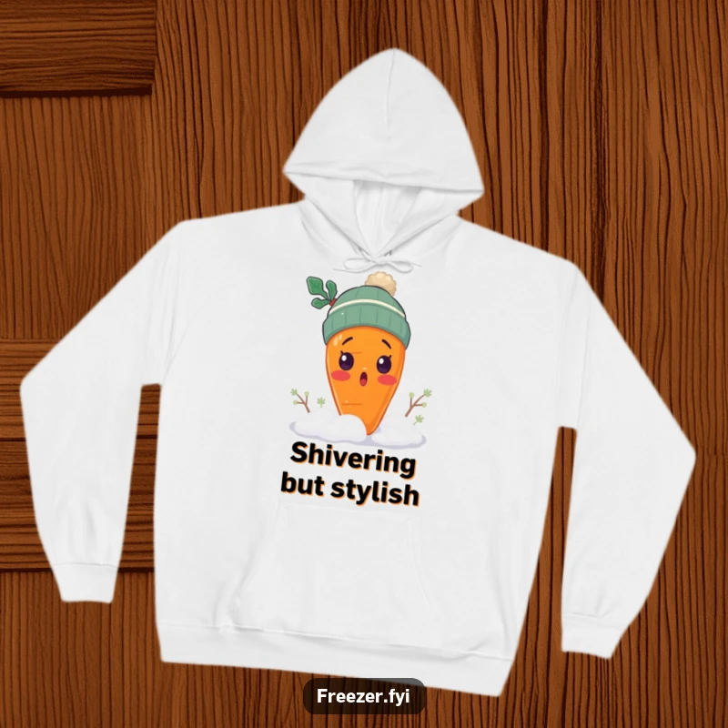 Funny surprised carrot hoodie with a carrot wearing a tiny winter hat, shivering in snow, cozy winter veggie comfort gift.