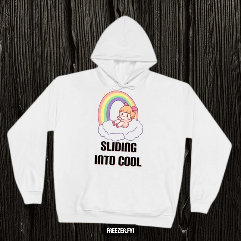 Funny hoodie with a character happily sliding down a rainbow made of frost, perfect for cozy winter adventure vibes.