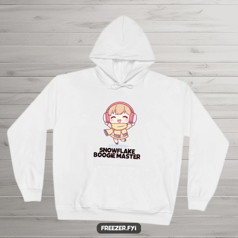 Funny hoodie with a warmly dressed character happily dancing in falling snowflakes, radiating cozy, uninhibited winter happiness.