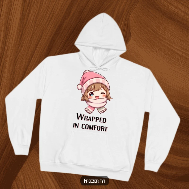 Funny hoodie featuring a character exuding joy while wearing a small winter hat and scarf, perfect for staying warm cheerfully.