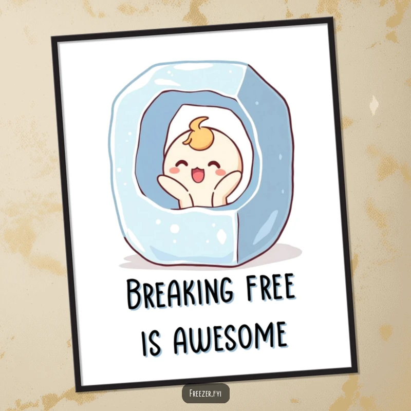 Funny Free Printable Wall Art: Character joyfully bursting out of a giant ice cube with a surprised expression. Dynamic winter art.