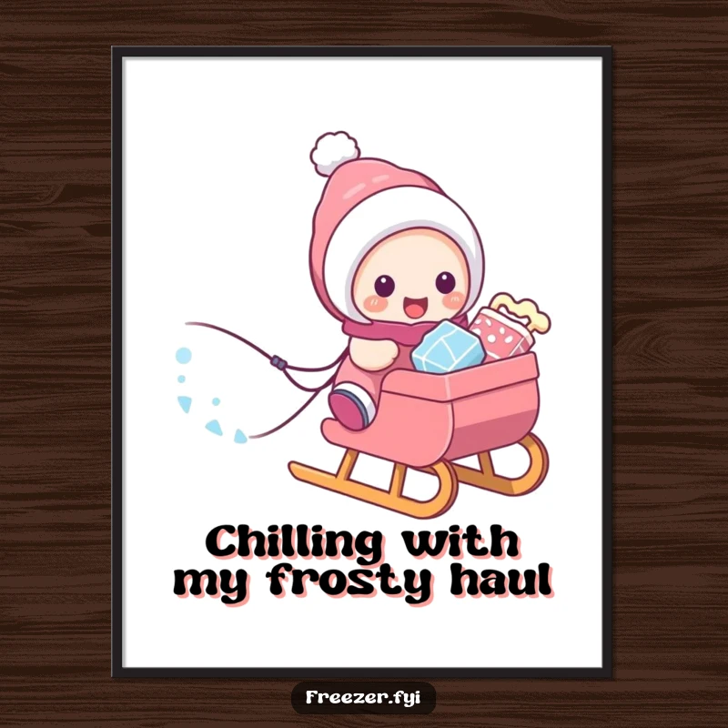 Funny Free Printable Wall Art: A character joyfully pulls a sled packed with frosty treats, creating a whimsical and delightful winter scene.