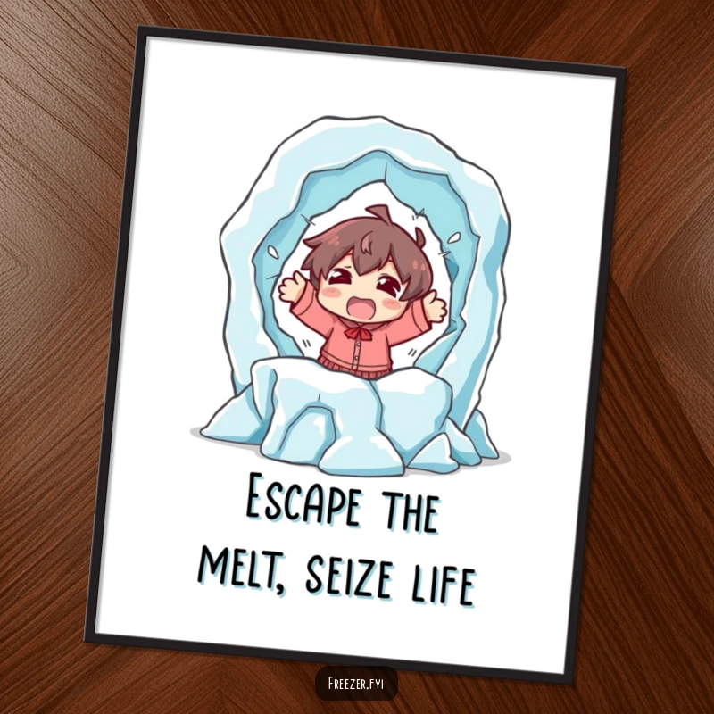 Funny Free Printable Wall Art: Character dramatically shocked, escaping a melting ice sculpture, a vibrant and humorous downloadable.