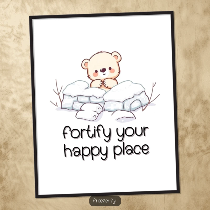 Funny Free Printable Wall Art: A small bear cub enthusiastically builds a snow fort, a charming winter-themed decor piece.