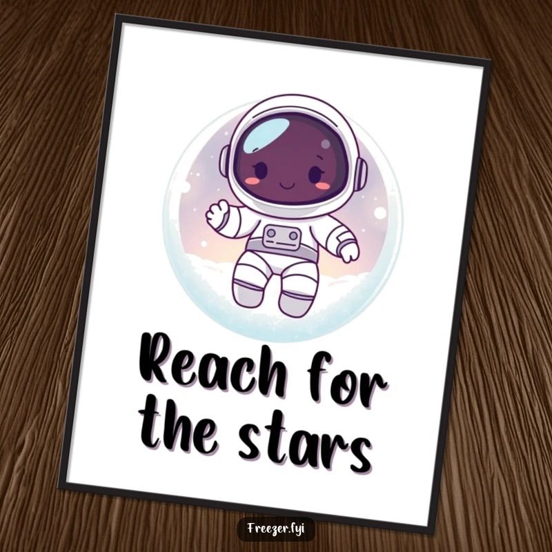 Funny Free Printable Wall Art: Happy astronaut character floating serenely inside a frosty, glowing orb.