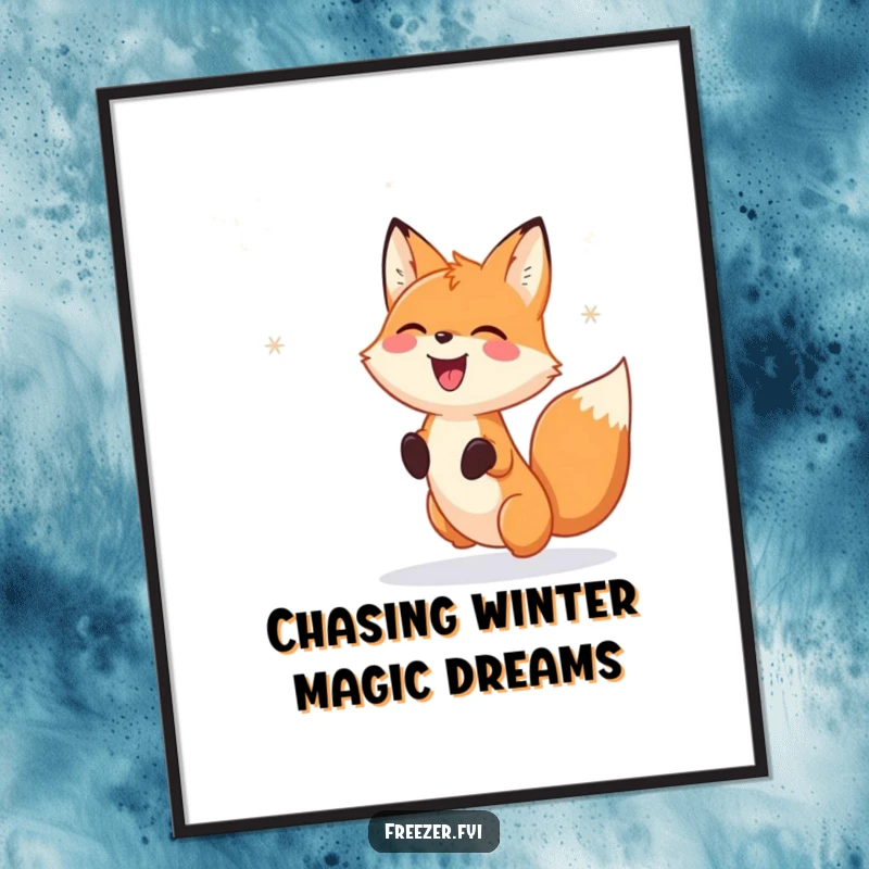 Funny Free Printable Wall Art: A happy fox gleefully chases falling snowflake patterns, a whimsical winter-themed decor piece.