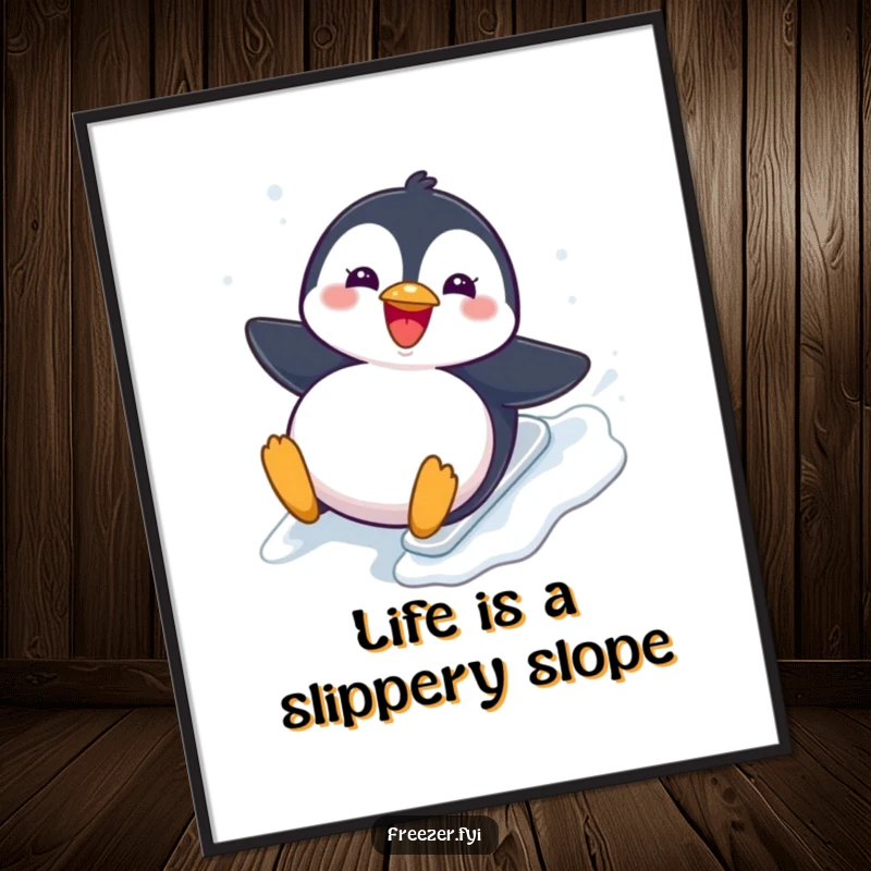 Funny Free Printable Wall Art: A chubby penguin slides with pure joy down an icy slope, a cute decor piece.