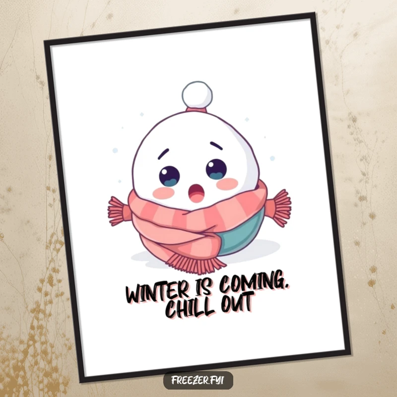 Funny Free Printable Wall Art: Surprised snowball character tumbling headfirst into a snug, cozy scarf.