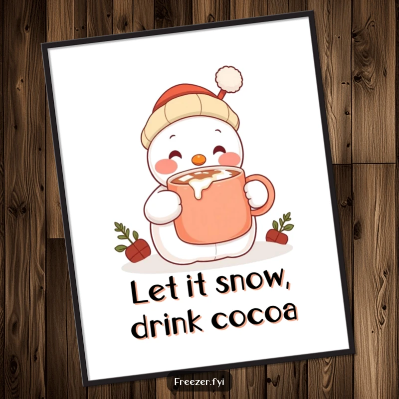 Funny Free Printable Wall Art: Content snowman character happily sipping hot cocoa from a large, steaming mug.