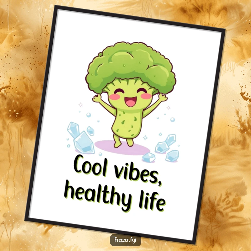 Funny Free Printable Wall Art: A delighted broccoli character dances energetically amidst a flurry of ice crystals.