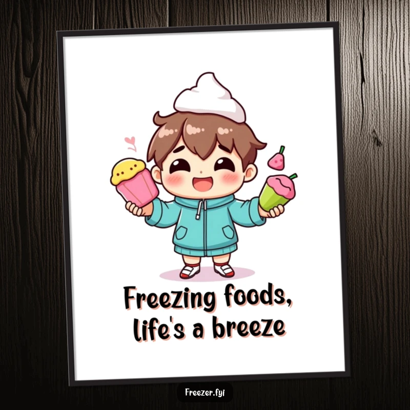 Funny free printable wall art: a character with a broad smile juggling many different colorful frozen food items.