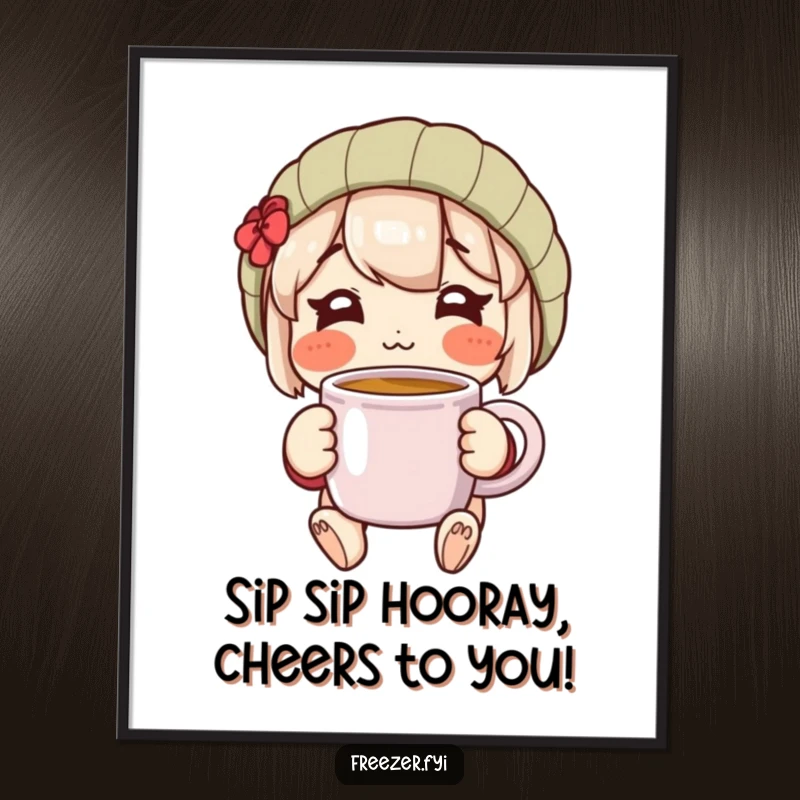 Funny Free Printable Wall Art: Character with rosy cheeks beams while holding a warm mug, radiating cozy happiness and charm.