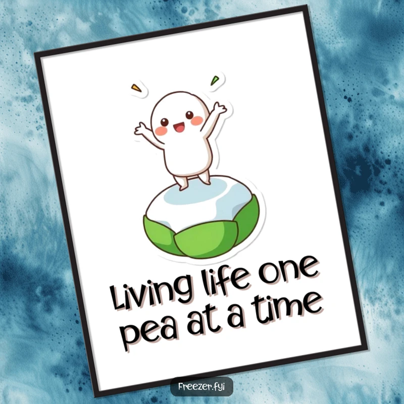 Funny Free Printable Wall Art: A whimsical character does a happy dance on a single frozen pea, radiating pure joy and silliness.