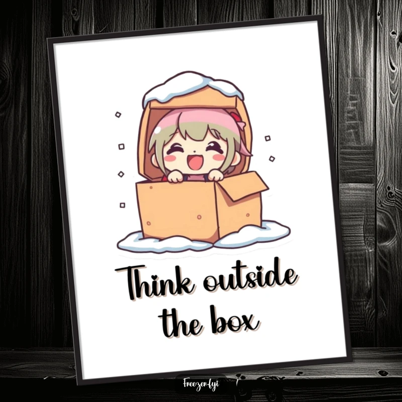 Funny Free Printable Wall Art: Character popping out of a frozen box with delight, a humorous downloadable piece.