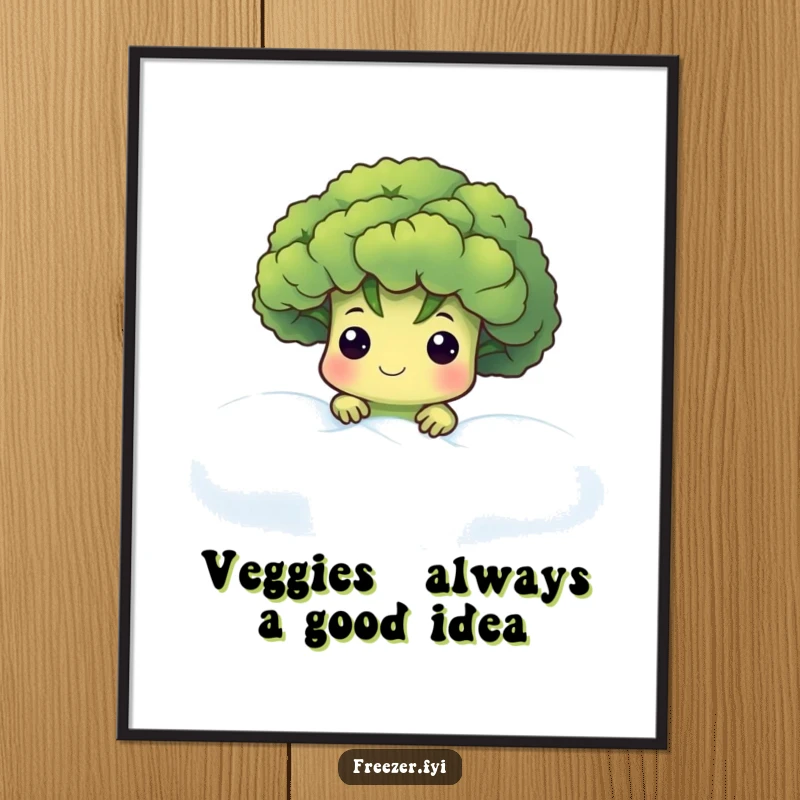 Funny Free Printable Wall Art: A cute broccoli floret emerging from a frosty fog, creating a mysteriously amusing scene.