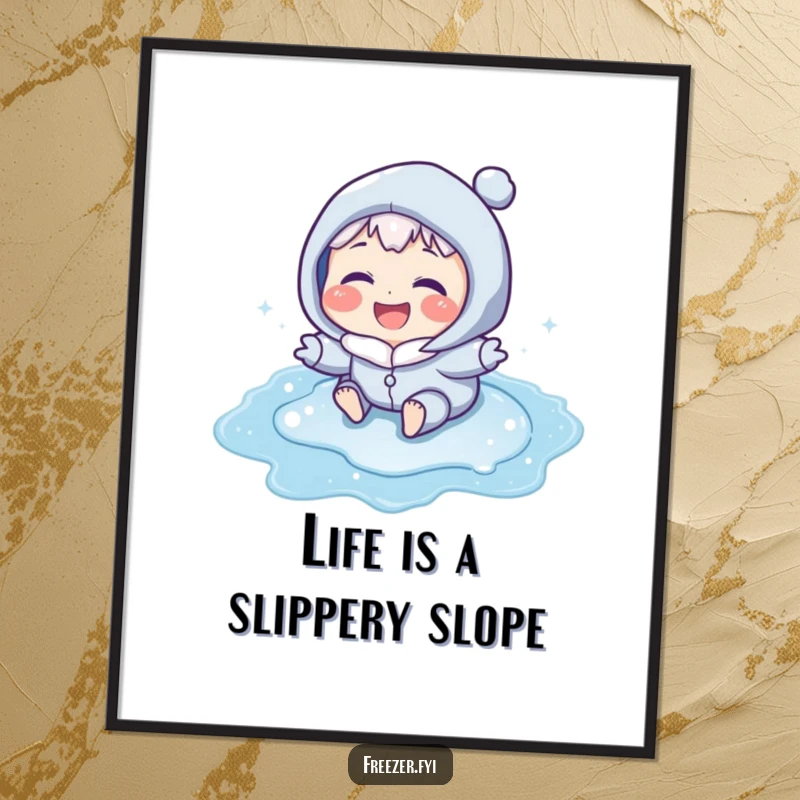 Funny Free Printable Wall Art: Character with icy blue cheeks laughing while sliding on a frozen puddle. Joyful winter scene.