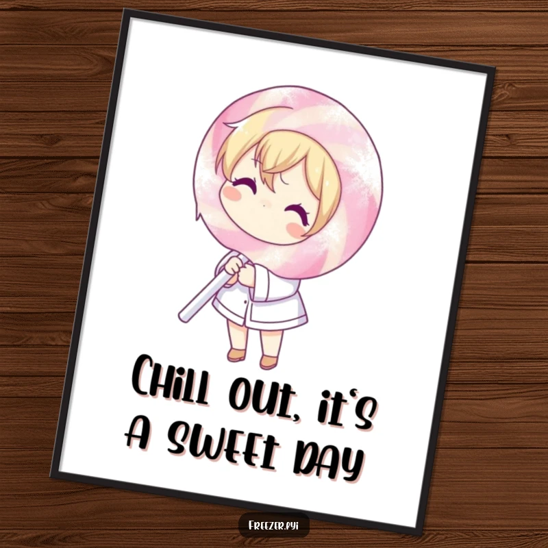 Funny Free Printable Wall Art: Character brandishing a giant frosted lollipop, a comical and eye-catching downloadable piece.