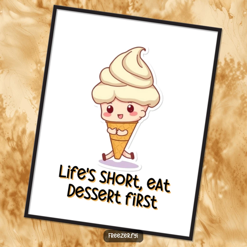 Funny Free Printable Wall Art: A whimsical character energetically pushes an oversized scoop of ice cream, embodying pure dessert joy.