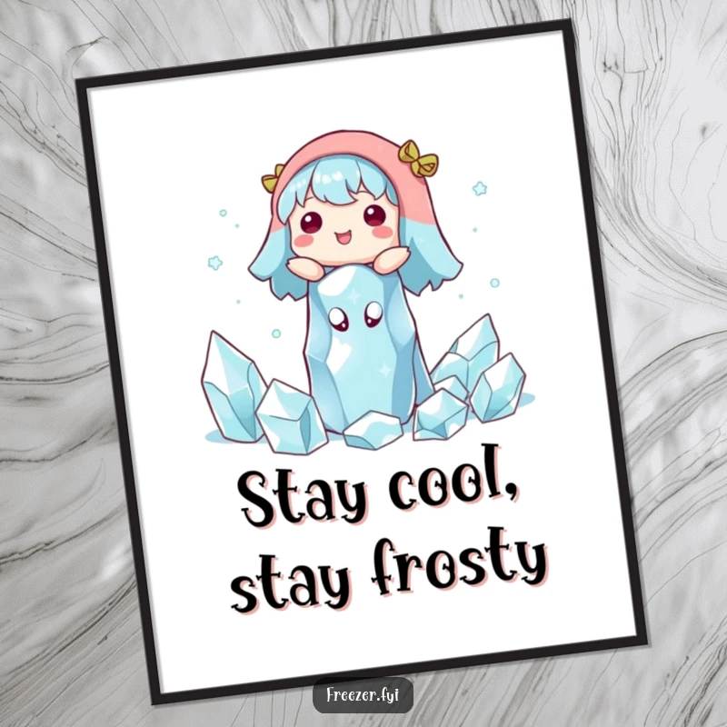 Funny Free Printable Wall Art: Character floating happily among ice crystals, a serene downloadable piece.