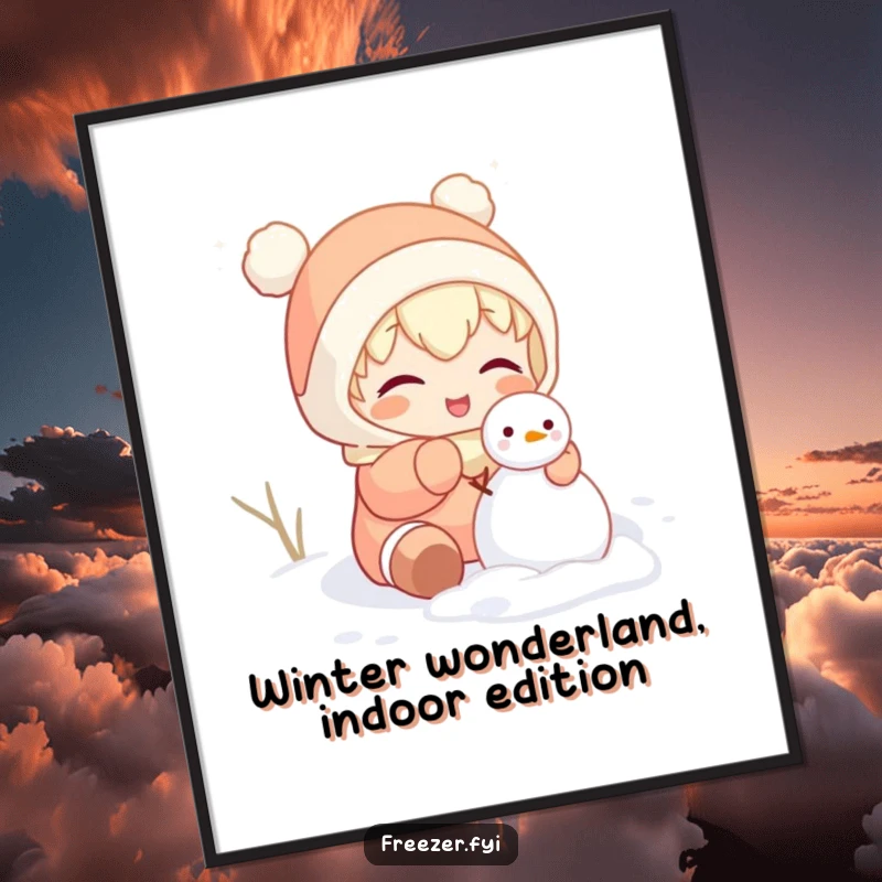 Funny Free Printable Wall Art: Character gleefully building a tiny snowman indoors, bringing playful winter vibes and humor to your space.