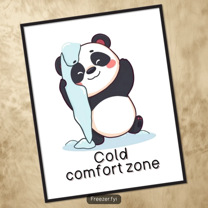 Funny Free Printable Wall Art: A fuzzy panda comically attempting to hug a very large, cold icicle, adding whimsy.
