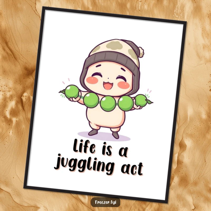 Funny Free Printable Wall Art: Chef in Toque Cheerfully Juggling Three Frozen Peas, Whimsical Culinary Art