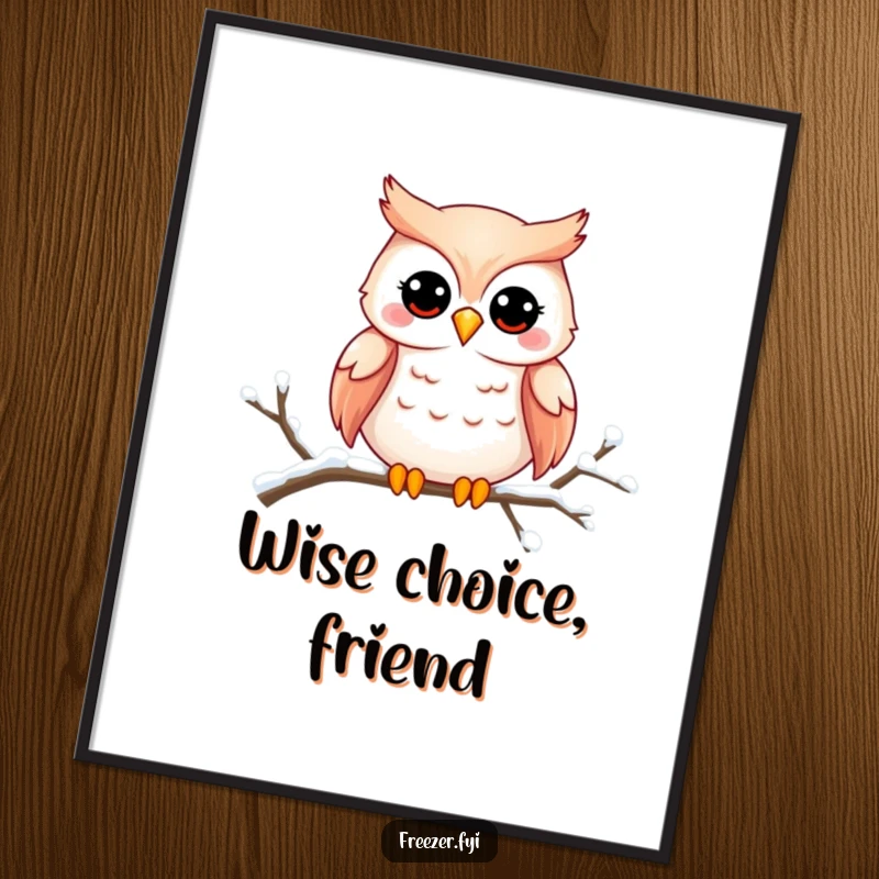 Funny Free Printable Wall Art: A cute, smiling owl nestled on a snowy branch, bringing winter cheer to any room.