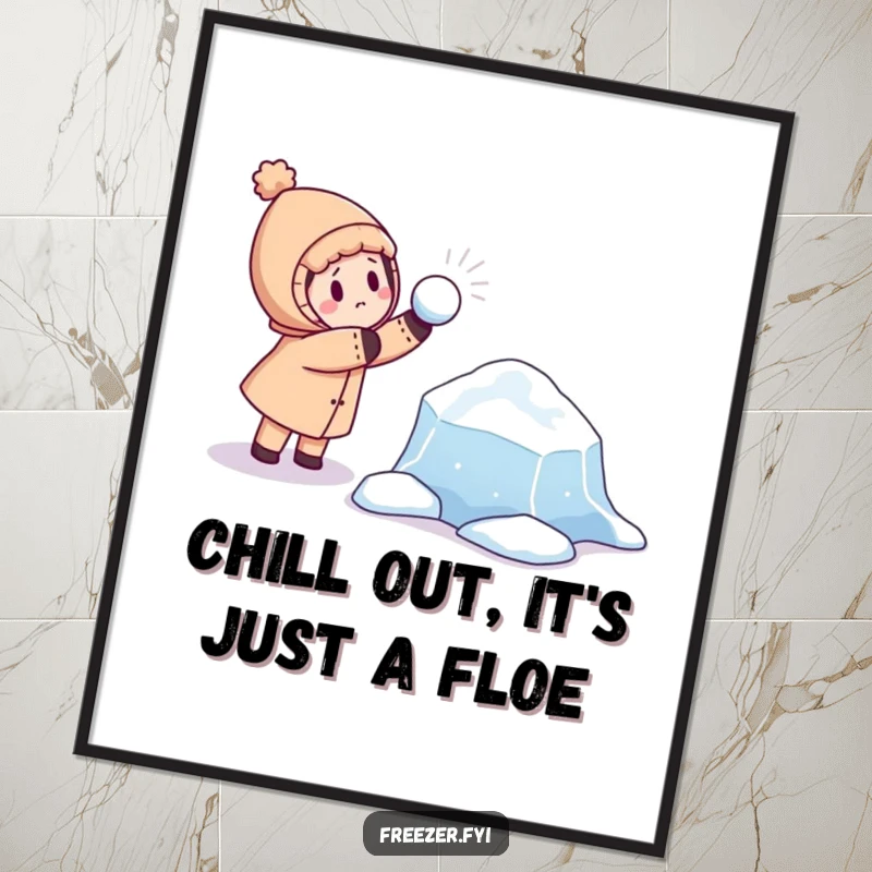 Funny Free Printable Wall Art: Character mid-snowball throw at a Curious Floating Iceberg, Playful Arctic Scene