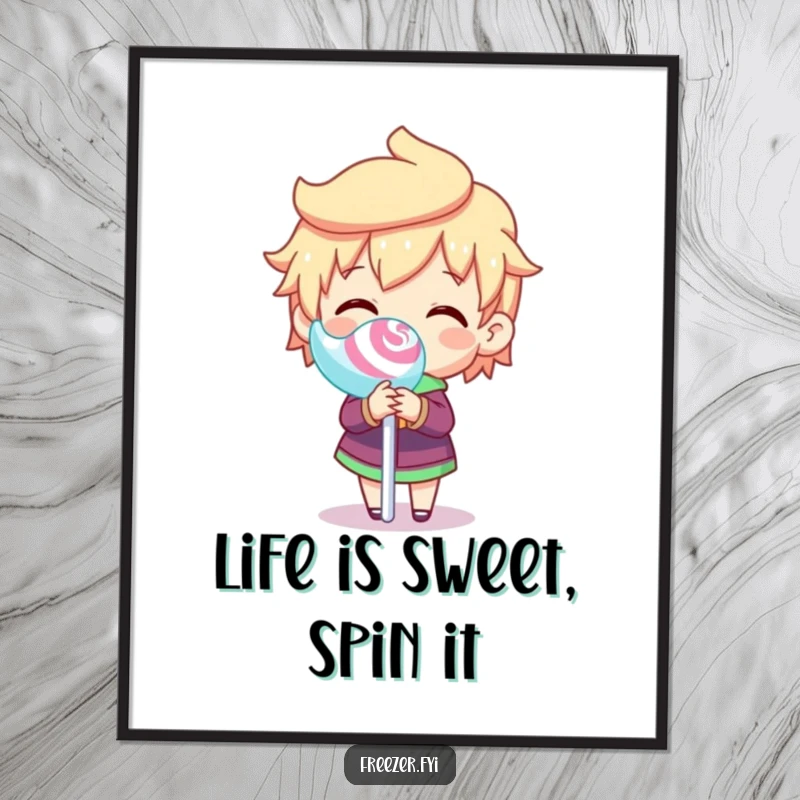 Funny Free Printable Wall Art: Character joyfully spinning a frozen lollipop stick, adding playful charm.