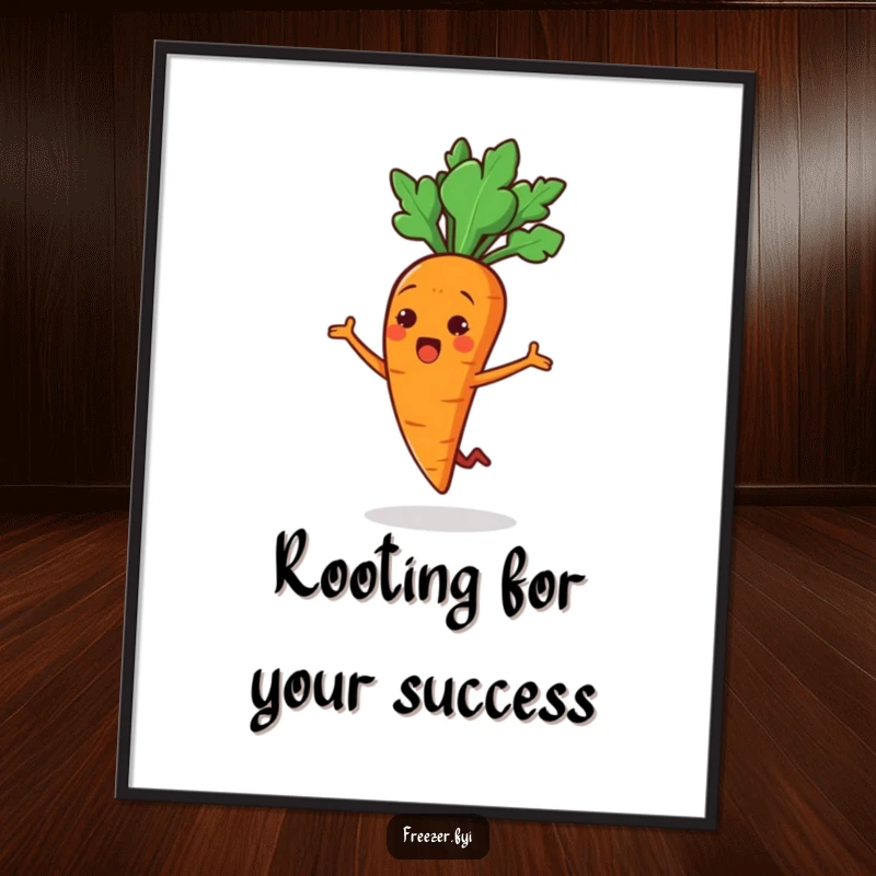 Funny Free Printable Wall Art: Comical carrot stick character doing an excited, surprised jump, perfect for lively home decor.