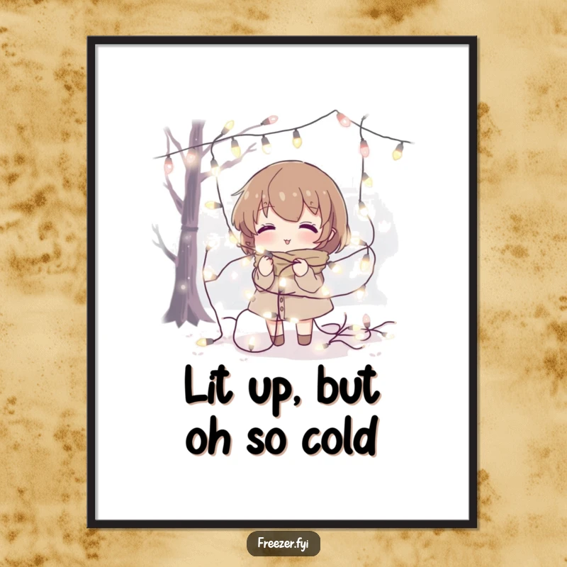 Funny free printable wall art: a character humorously tangled in a dazzling string of fairy lights in a cold setting.