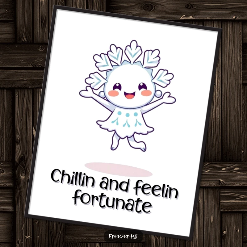 Funny Free Printable Wall Art: A happy snowflake doing a pirouette, ideal for whimsical, downloadable winter decor.