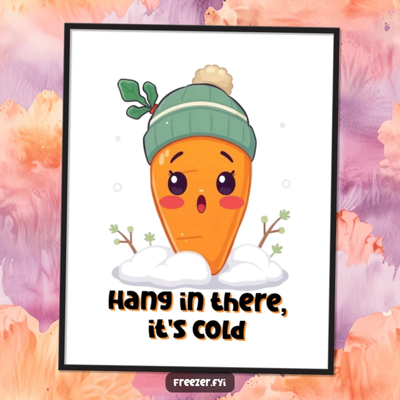 Funny Free Printable Carrot Wall Art: A surprised carrot wearing a tiny winter hat and shivering in snow.