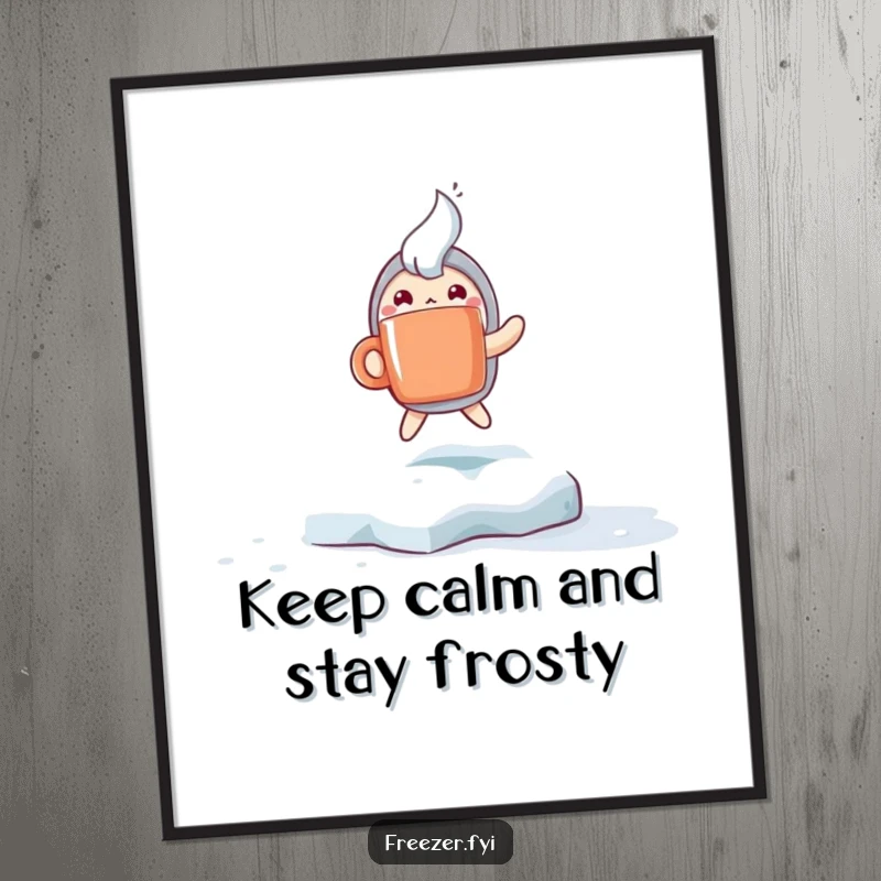 Funny Free Printable Wall Art: Character with Steaming Mug Hopping Joyfully on Frosty Surface, Cozy Whimsical Art