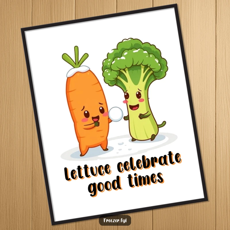 Funny Free Printable wall art of a cheerful carrot in a snowball fight with a bewildered broccoli floret, a playful and humorous piece.