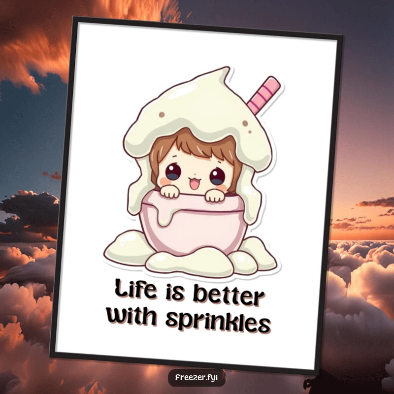 Funny Free Printable Wall Art: Character peeking from an overflowing ice cream tub, a sweet and humorous downloadable piece.