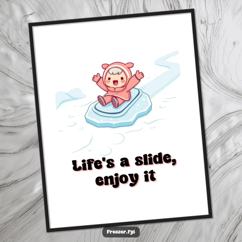 Funny Free Printable Wall Art: Character sliding across ice with arms spread wide, a joyful, downloadable piece.