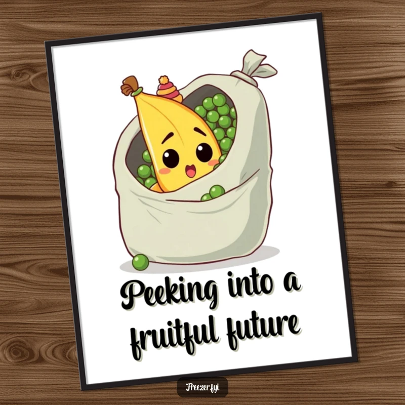 Funny Free Printable wall art of a surprised banana wearing a tiny hat, peeking from behind peas, a whimsical and humorous decoration.