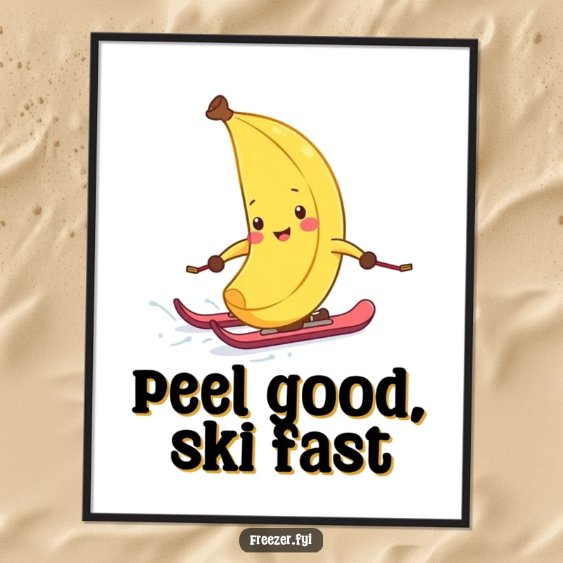 Funny Free Printable Wall Art: A delighted banana peel with tiny skis zips downhill on a snowy landscape