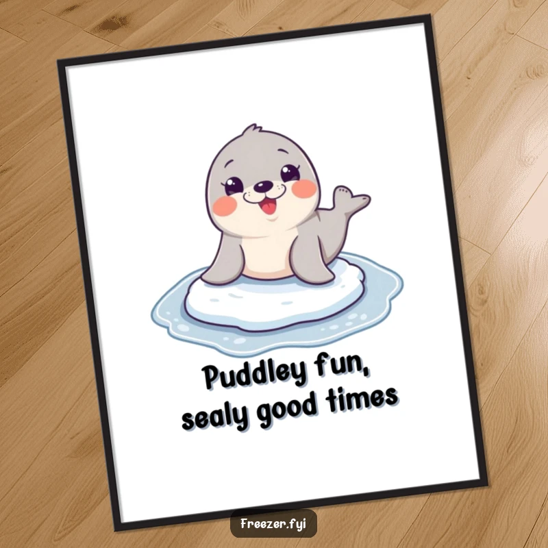 Funny Free Printable Wall Art: A seal gleefully sliding on ice with a massive, happy grin.