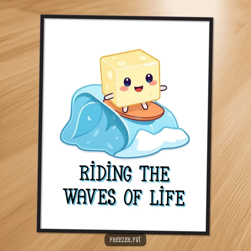 Funny Free Printable wall art of a wobbly jelly cube attempting to surf on a tiny frozen wave, a humorous and vibrant decoration.
